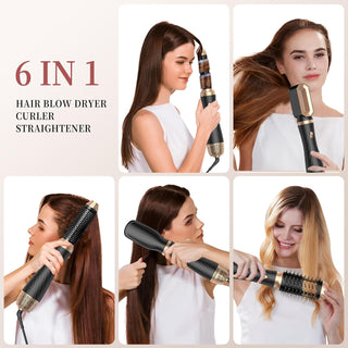 6 En 1 Cepillo Secador De Pelo, Cepillo De Aire Caliente Secador Moldeador Alisador Set 6 Cabezales Intercambiables, 3 Temperaturas,Moldeador Pelo with Riza, Da Volumen, Alisa Y Seca