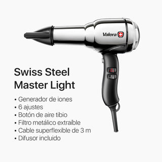 Valera, Swiss Steel Master Light, Secador De Pelo Profesional En Acero Cromado, Secador Ligero Con Motor Potente, 3 Niveles De Temperatura, Ionizador, 2100 W, Swiss Made