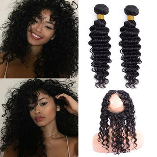 Peruvian Human Hair Extensions 360 Lace Frontal With 2 Bundles Deep